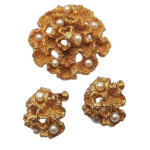 Napier Demi Parure Gold Plated Faux Pearl Brooch and Clip-on Earrings